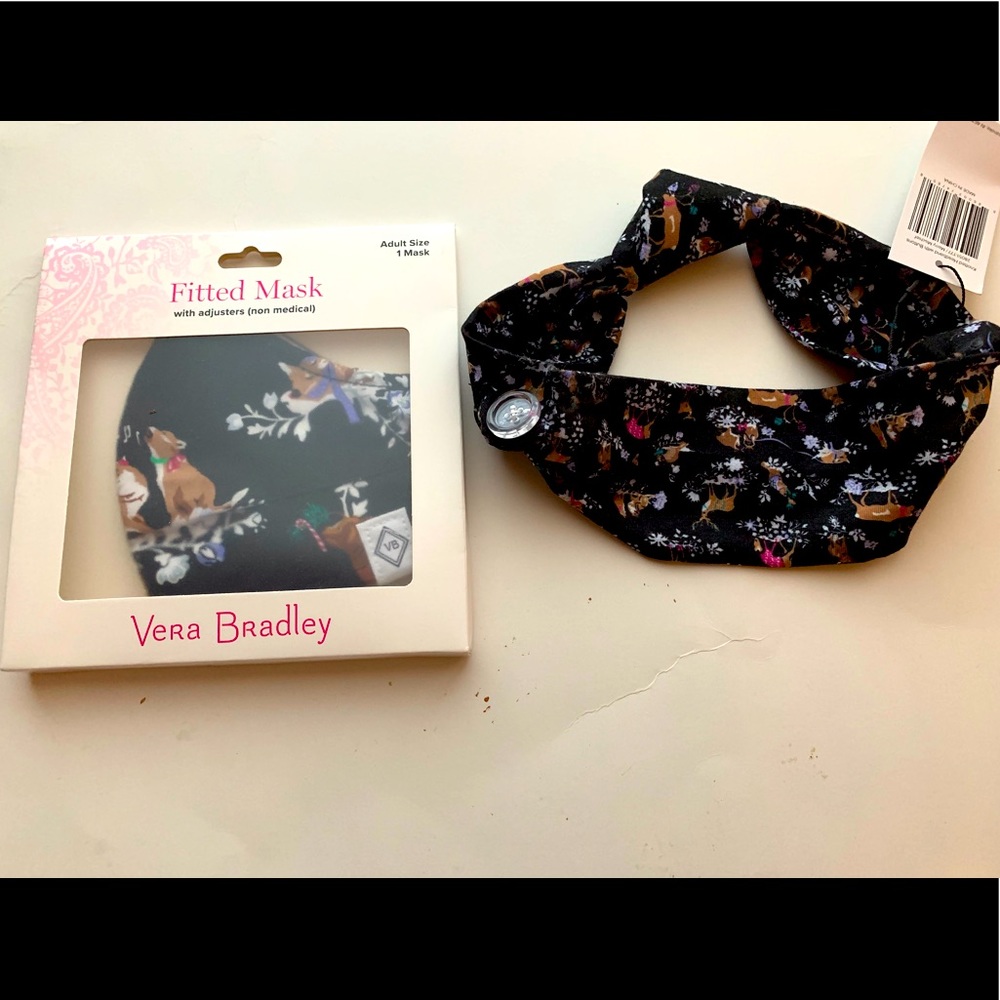 NWT VERA BRADLEY LOT MERRY MISCHIEF KNOTTED HEADBAND W/ BUTTONS & COTTON MASK